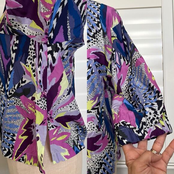 Marie Oliver Multiprint Boxy Button Front Blouse Size XS, silk blend, 1/2 sleeve - Picture 3 of 8